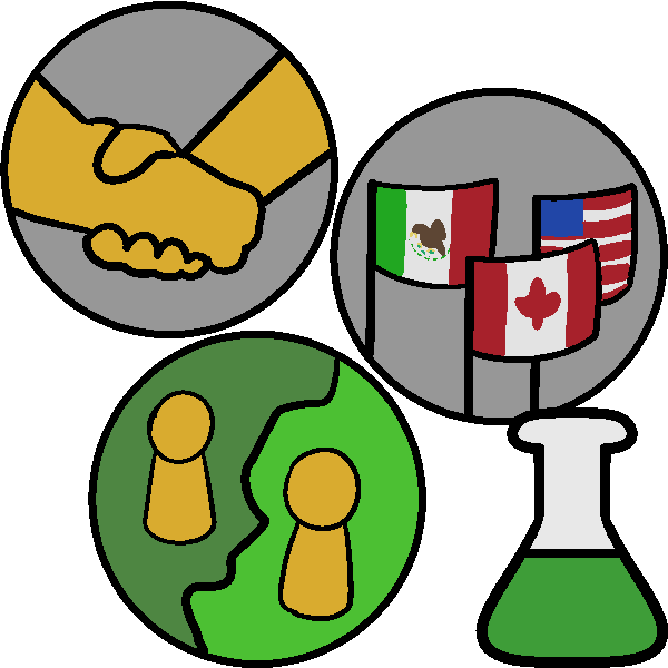 Three circles, one with shaking hands, the other with the Mexican, Canadian, and United States flags, and one with two people on either side of a border, with a green beaker in the corner.
